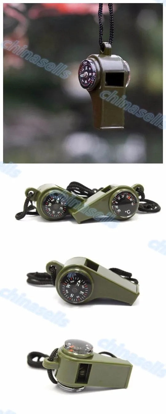 3 in1 Camping Hiking Emergency Survival Gear Whistle Compass Thermometer Outdoor Need ArmyGreen Color with rope