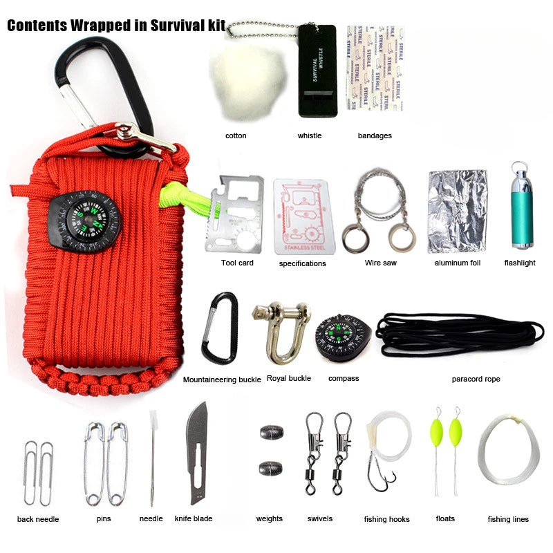Climbing Umbrella Rope Equipment Kit, Emergency First Aid, Camping Hiking Safety Survival Tools, Outdoor Sobrevivência