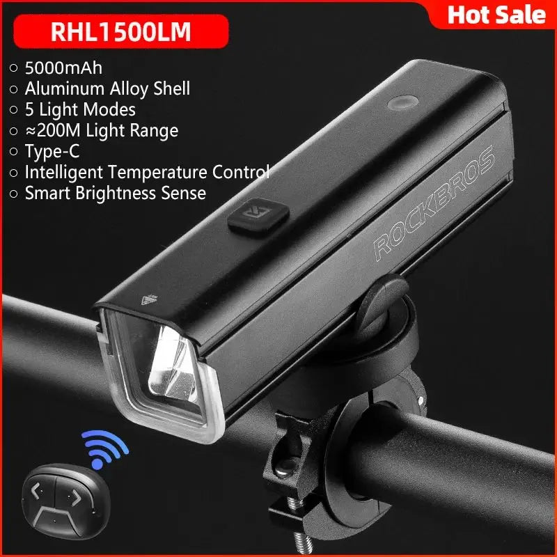 ROCKBROS Bike Light 1500LM5000mAh Type-C Bicycle Light Temperature Control IPX6 Aluminum LED Light Front Lamp Cycling Headlight