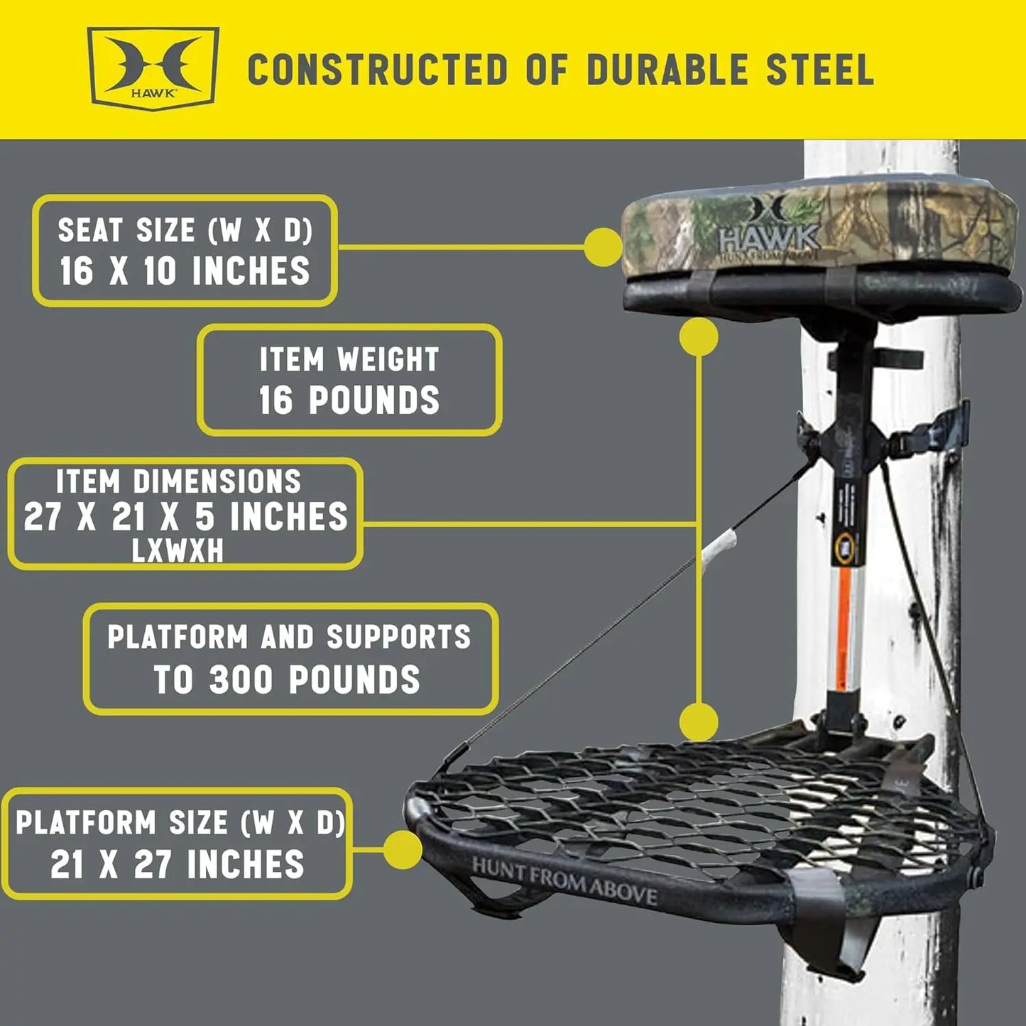 COMBAT Durable Compact Steel Tree Stand W/21 By 27 Inch Platform, Adjustable Seat & Full Body Safety Harness for Outdoor Hunting