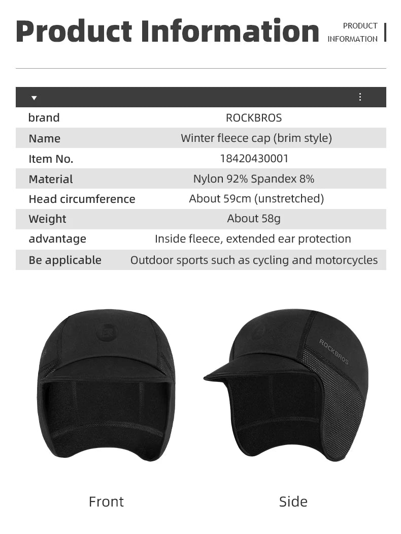 ROCKBROS Cycling Cap Winter Men Women Windproof Fleece Keep Warm Hat For Motorcycle Ski Outdoor Sports Headwear Accessories