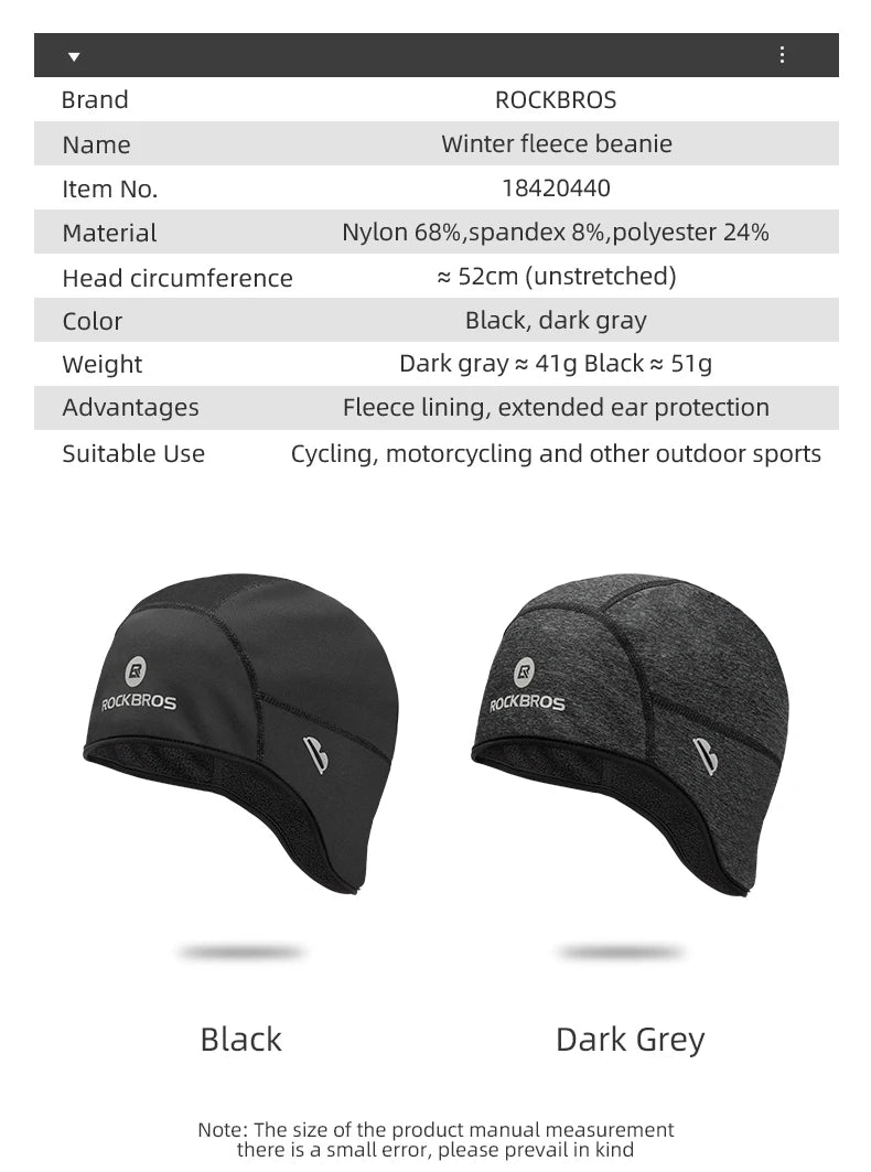 ROCKBROS Cycling Caps Windproof Thermal Fleece MTB Bicycle Cap Ski Riding Motorcycle Hat Winter Bandana Ciclismo Headband