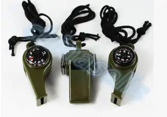 3 in1 Camping Hiking Emergency Survival Gear Whistle Compass Thermometer Outdoor Need ArmyGreen Color with rope
