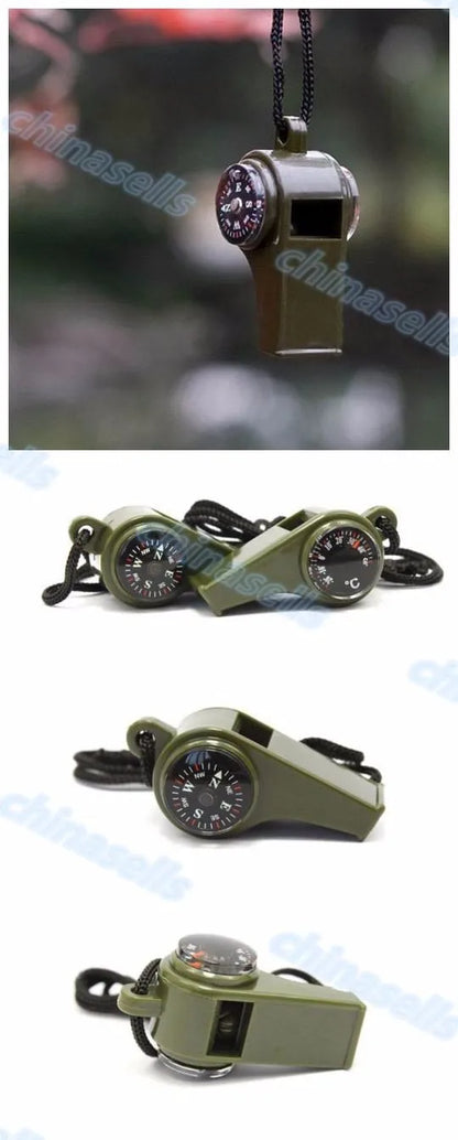 3 in1 Camping Hiking Emergency Survival Gear Whistle Compass Thermometer Outdoor Need ArmyGreen Color with rope