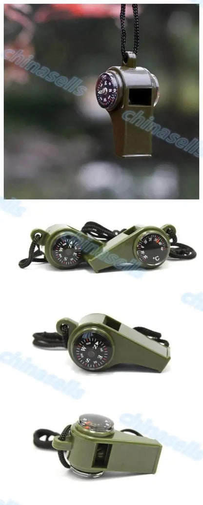 3 in1 Camping Hiking Emergency Survival Gear Whistle Compass Thermometer Outdoor Need ArmyGreen Color with rope