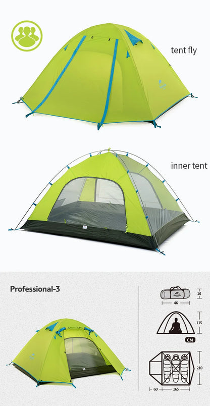 Naturehike-Outdoor Camping Tent, 2, 3, 4 Person, Double Layer Waterproof Tent for Backpacking, Hiking, Car Camping