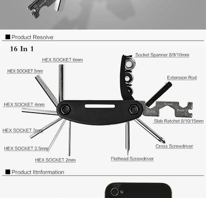 ROCKBROS Mountain Bicycle Tools Sets Bike Bicycle Repair Tools Kit Hex Spoke Wrench Mountain Cycle Screwdriver Tool 16 in 1
