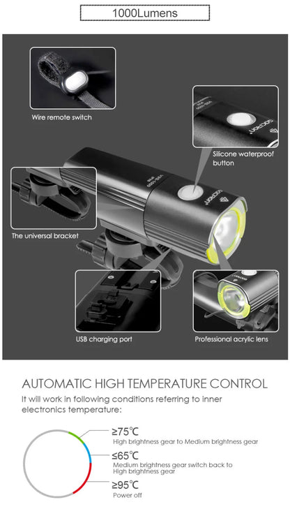 GACIRON 400-1800 Lumens Bicycle Front Light USB Rechargeable Cycling Headlight Flashlight MTB Road Bike Waterproof LED Head Lamp
