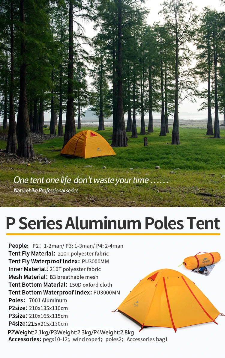 Naturehike-Outdoor Camping Tent, 2, 3, 4 Person, Double Layer Waterproof Tent for Backpacking, Hiking, Car Camping