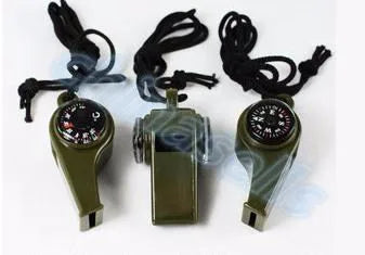 3 in1 Camping Hiking Emergency Survival Gear Whistle Compass Thermometer Outdoor Need ArmyGreen Color with rope