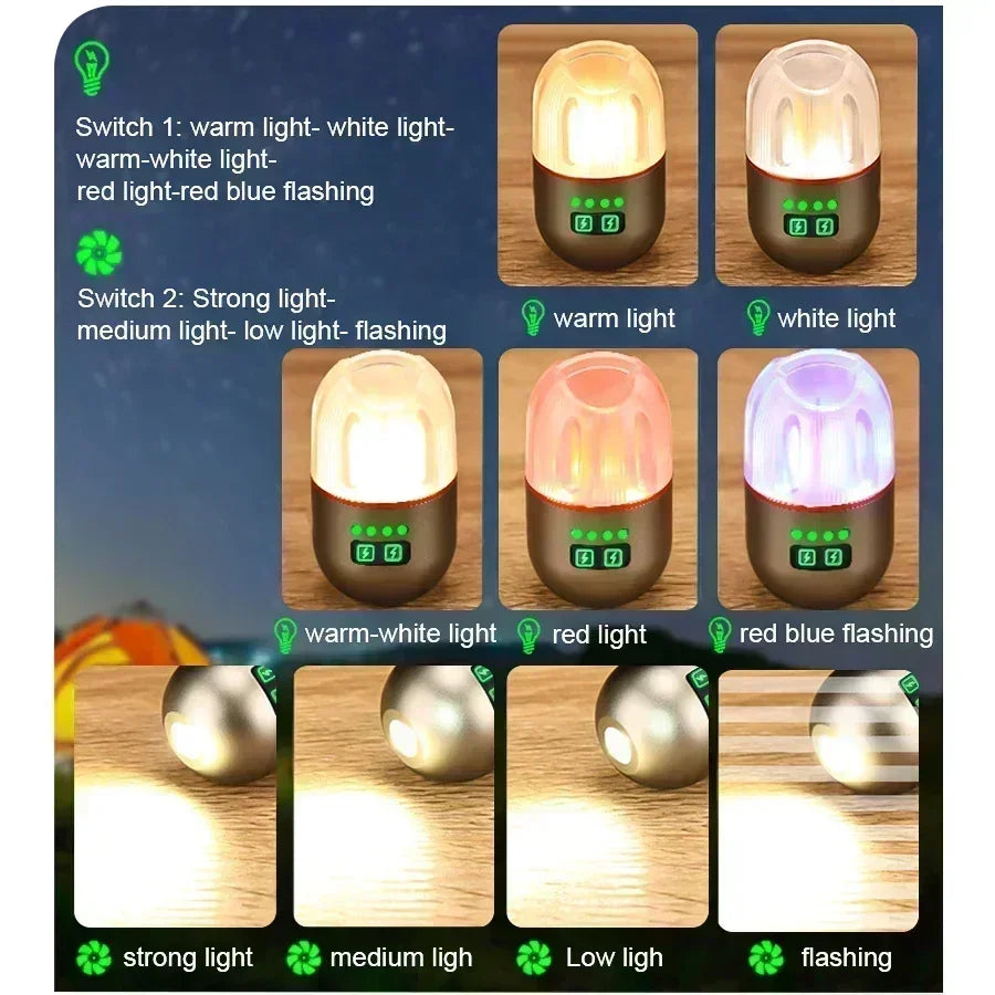 Powerful Mini LED Camping Light with Power Display Magnetic Hook Built-in Battery Lantern USB Rechargeable Tent Hanging Lamp