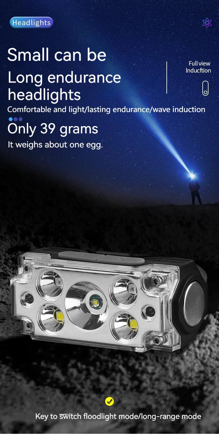 Mini Strong 5LED Headlamp Motion Sensor Headlight Outdoor Camping Fishing USB Rechargerable Portable Flashlight Head Lamp