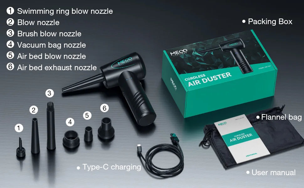 MECO ELEVERDE Compressed Air Duster, Air Blower with LED Light, 3-Gear to 100000RPM, Electric Air Duster for PC/Keyboard Cleaner