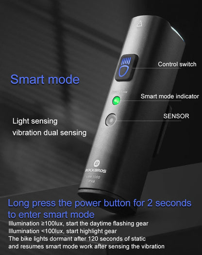 ROCKBROS 1000LM Bike Light Smart Vibration Light Sensing Bicycle Front Light IPX6 Type-C MTB Road Headlebar Cycling Headlights