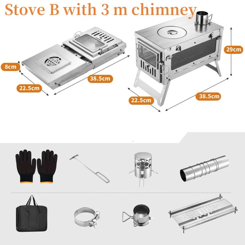 Camping Firewood Stove Tent Wood Heater Outdoor Ultralight  Burner Folding Portable Brazier Stainless Steel Furnace with Chimney