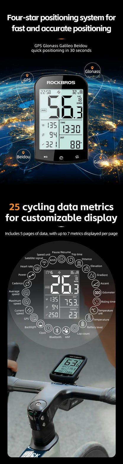 ROCKBROS M1 GPS Bicycle Computer Bluetooth 5.0 ANT+ Wireless Speedometer MTB Road Bike Ciclismo Speed Meter for Garmin Zwift