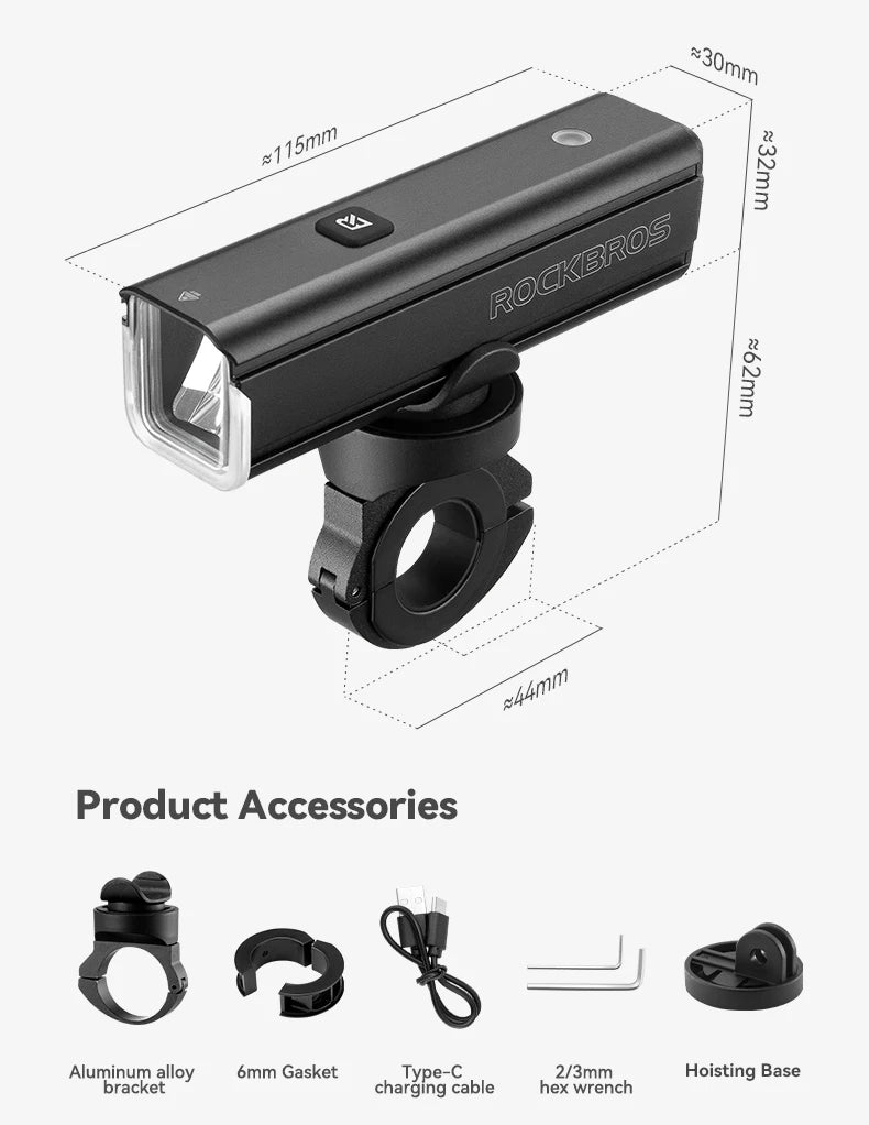 ROCKBROS Bike Light 1500LM5000mAh Type-C Bicycle Light Temperature Control  IPX6 Aluminum LED Light Front Lamp Cycling Headlight