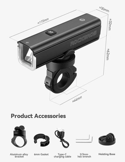 ROCKBROS Bike Light 1500LM5000mAh Type-C Bicycle Light Temperature Control  IPX6 Aluminum LED Light Front Lamp Cycling Headlight