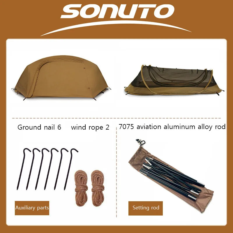 Sonuto-Lightweight Camping and Mountaineering Hiking Tent, Aluminum Alloy Poles, Waterproof and Mosquito Proof, Single Person