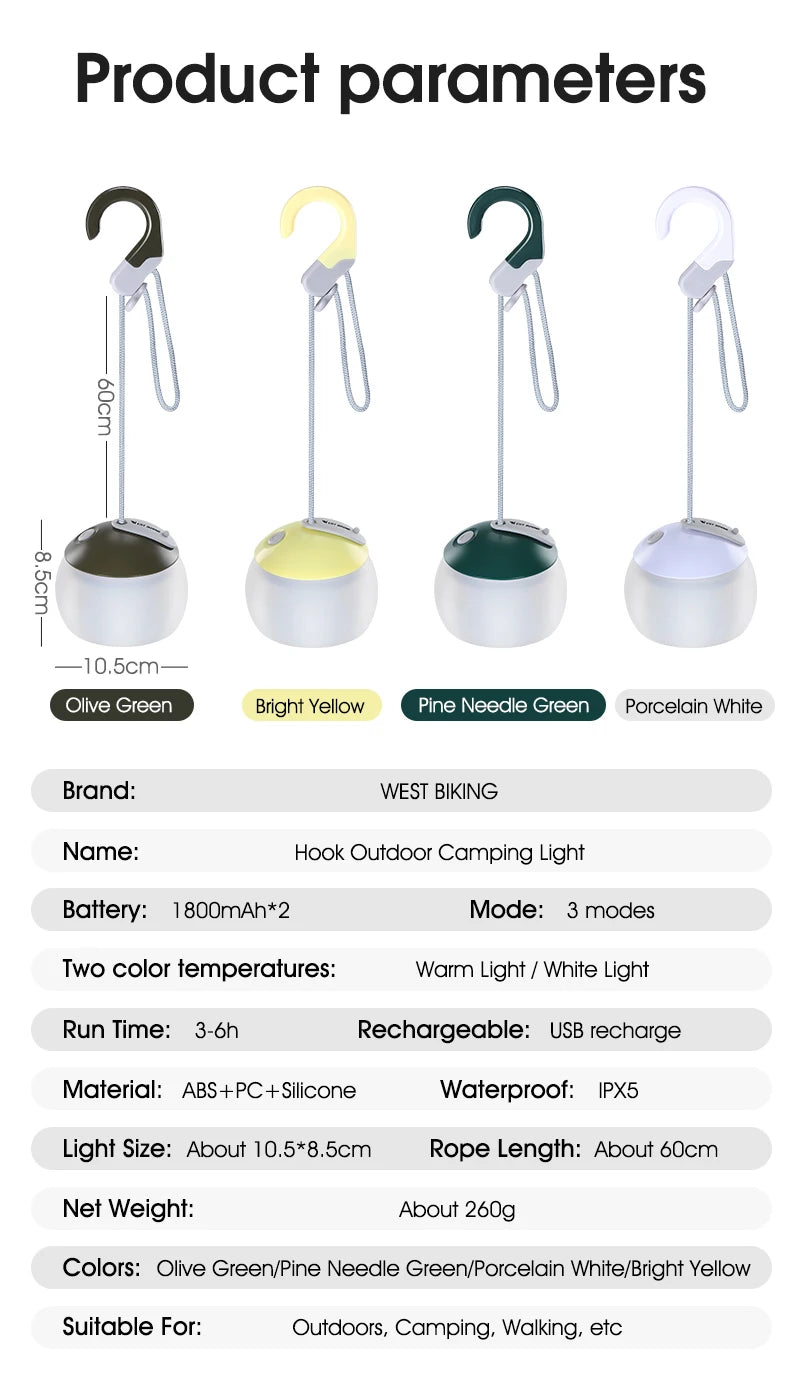 WEST BIKING Camping Tent Hanging Light Portable Camping Lanterns USB Rechargeable Led Light Camp Lamp for Outdoor Emergency