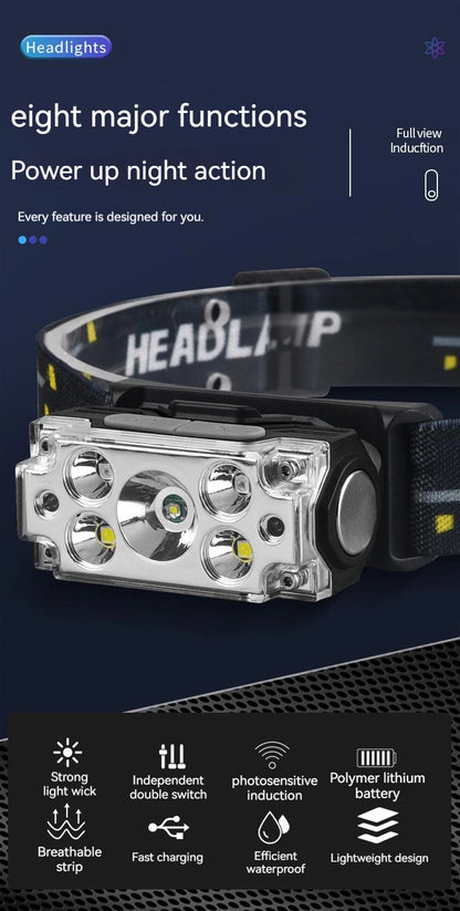 Mini Strong 5LED Headlamp Motion Sensor Headlight Outdoor Camping Fishing USB Rechargerable Portable Flashlight Head Lamp