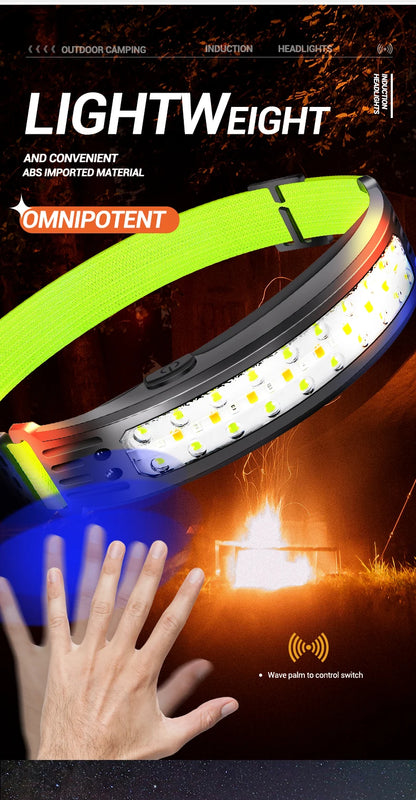 COB Sensor Headlight Built in Battery Fishing Headlamp Rechargeable 6 Modes Head Torch Outdoor Camping Flashlight