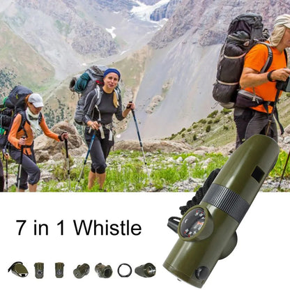 7 in 1 Jungle Survival Whistle Hiking Whistle Compass Mirror Flashlight Magnifier LED Light Thermometer Storage Compass Tool