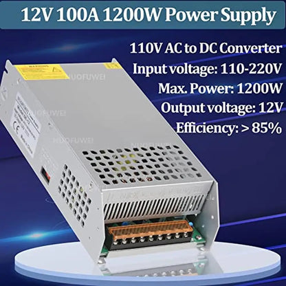 12V 100A 1200W Power Supply Adapter AC 110V to DC 12V Converter Transformer Motor Switch Industrial Grade Cooling Overload