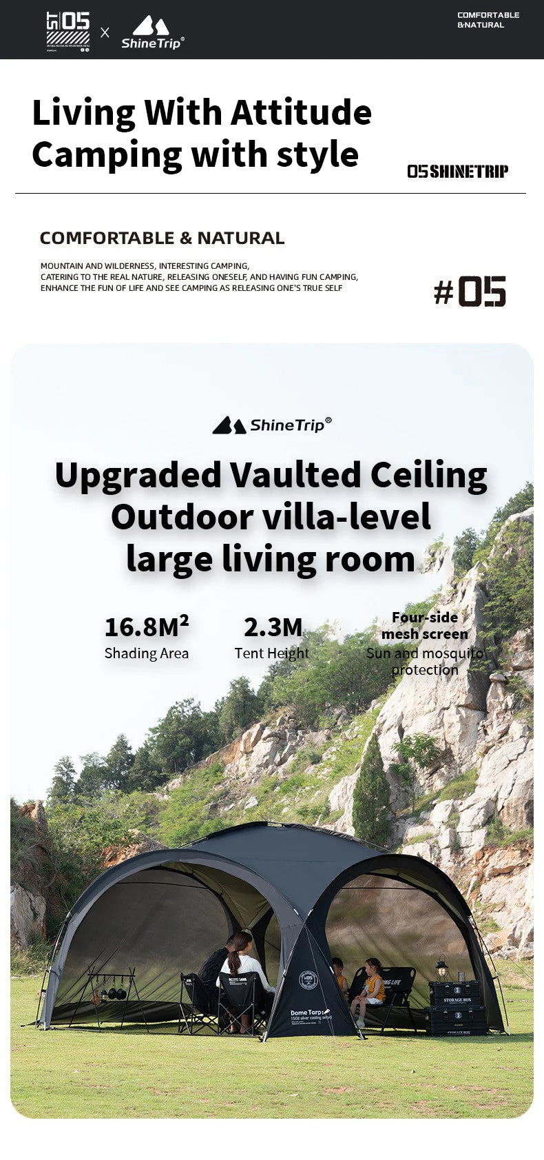 ShineTrip Outdoor Silver Coated Canopy Rainproof And Sunscreen Self-driving PU3000MM Waterproof Camping Sunshade Tent Dome