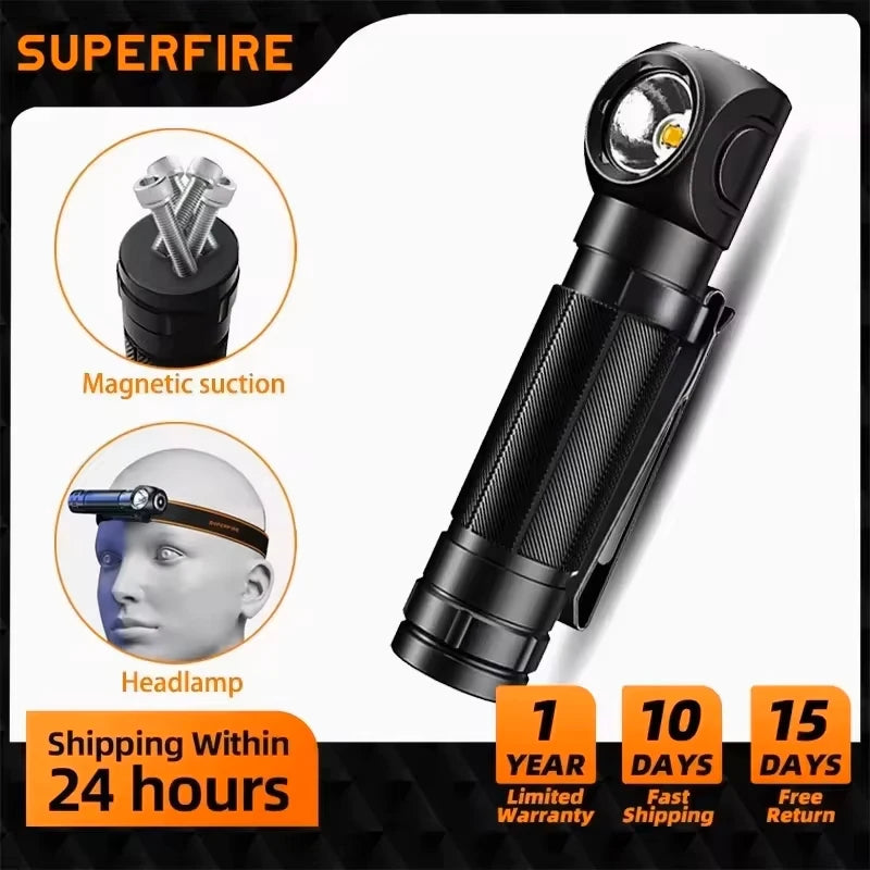 Latest SUPERFIRE High Power Headlamp LED USB Rechargeable 90°Headlight Torch Mini Waterproof Indicator Magnet Tail Flashlight