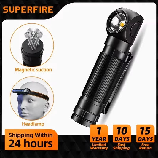 Latest SUPERFIRE High Power Headlamp LED USB Rechargeable 90°Headlight Torch Mini Waterproof Indicator Magnet Tail Flashlight