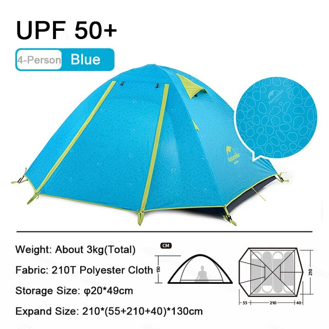 Naturehike-Outdoor Camping Tent, 2, 3, 4 Person, Double Layer Waterproof Tent for Backpacking, Hiking, Car Camping
