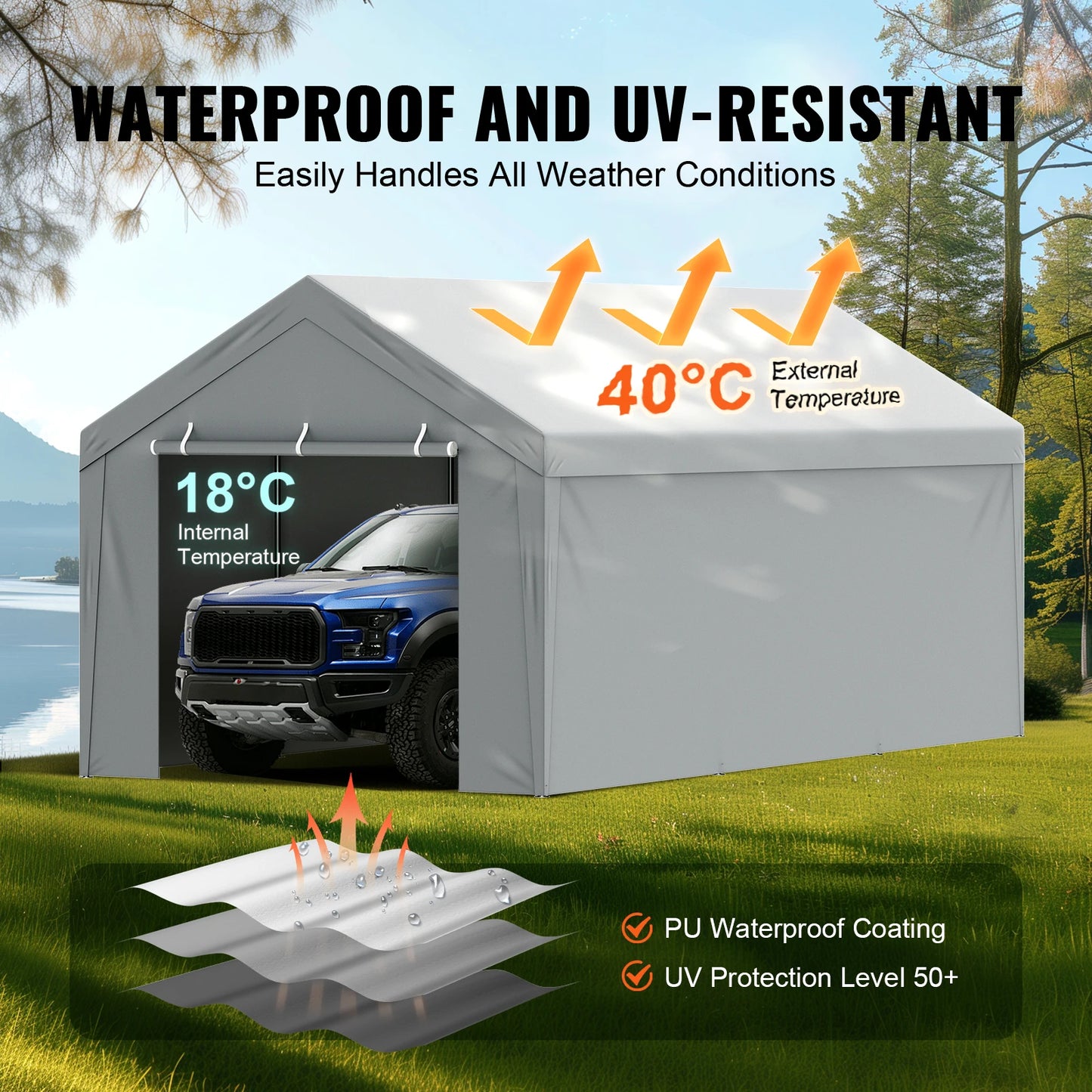 VEVOR Carport Replacement Canopy Cover Garage Top Tent Shelter Tarp Heavy-Duty Waterproof & UV Protected （Frame Not Include）