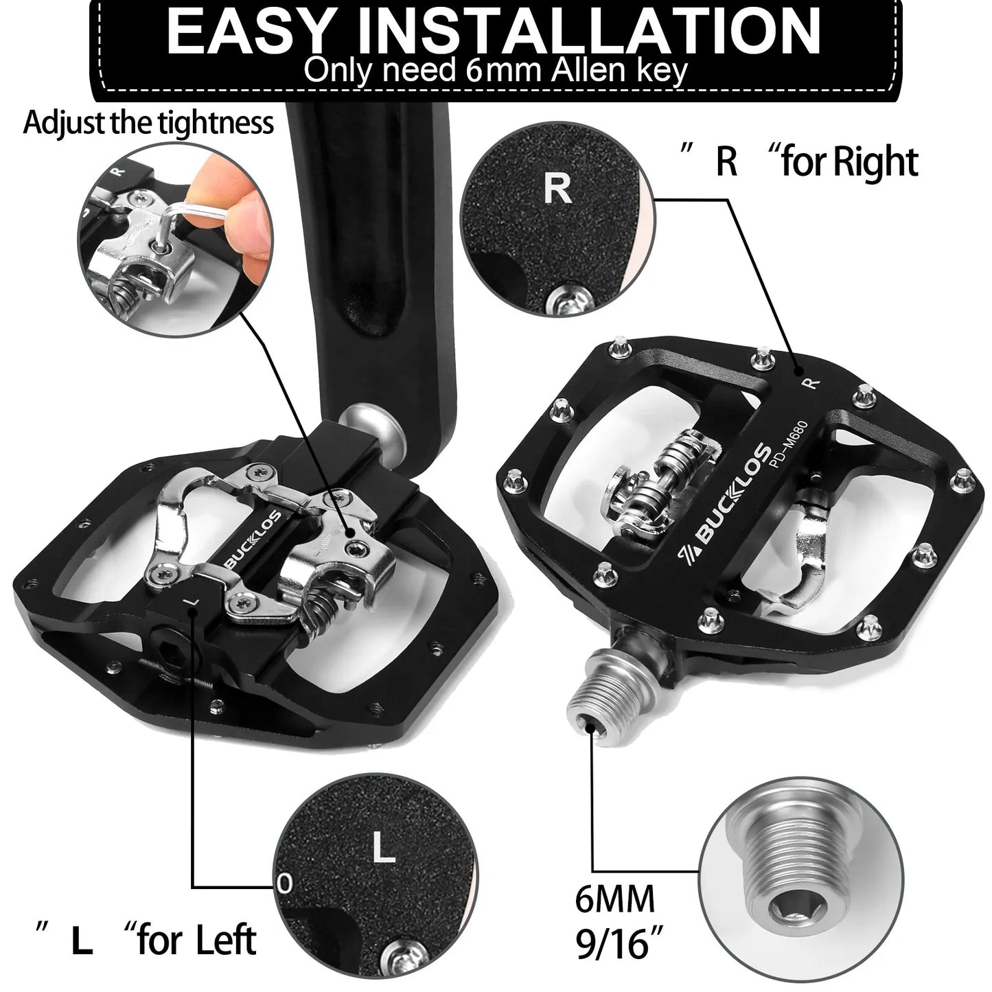 BUCKLOS Mountain Bike Pedals 3 Sealed Bearing PD-M680 Dual Clipless Flat & Lock Pedal Aluminum Cycling Pedals Fit Shimano SPD
