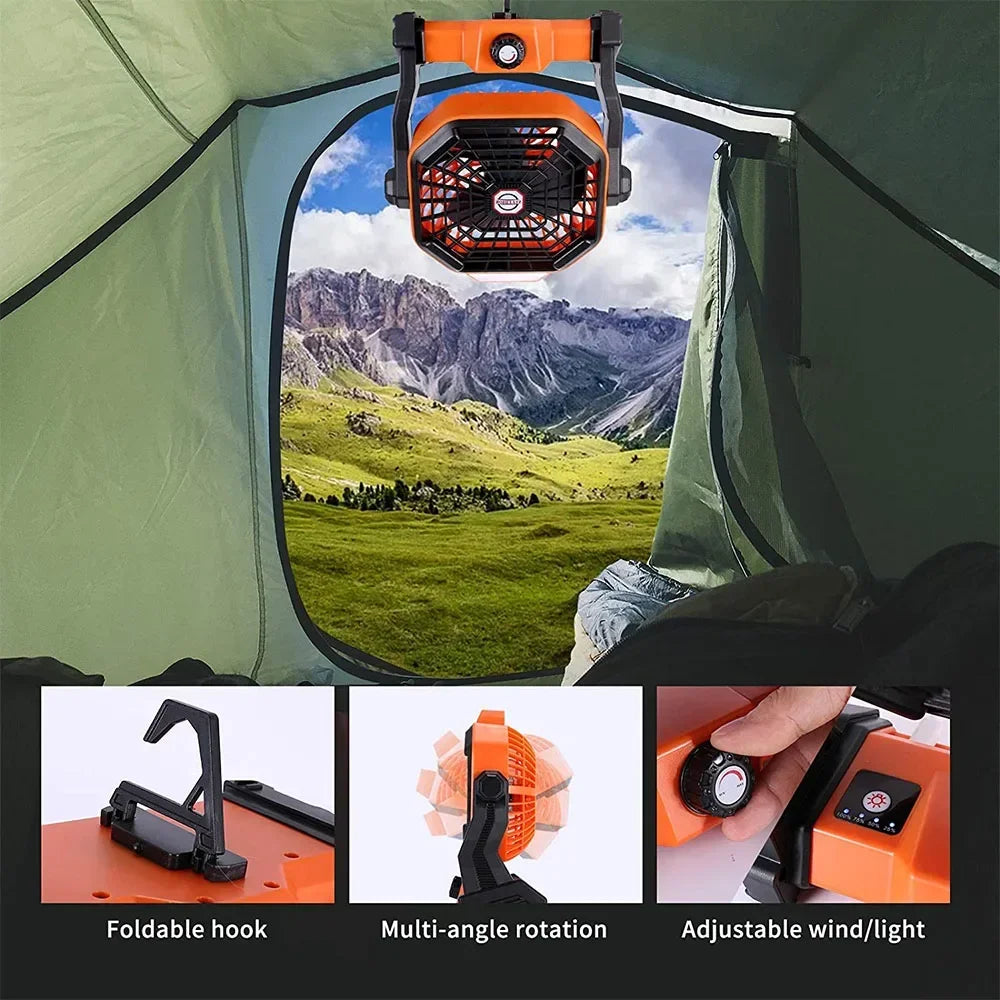2024 New Portable Electric Fan With Led Light Tent Car Camping Hook&USB&Solar Charging For Hiking Fishing Picnic Emergency