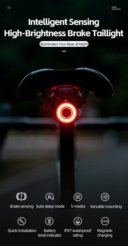 ROCKBROS Smart Bike Tail Light Bicycle Rear Lights IPX6 Waterproof Bike Lights for Night Riding with Type C Rechargeable