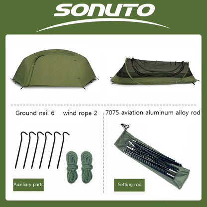 Sonuto-Lightweight Camping and Mountaineering Hiking Tent, Aluminum Alloy Poles, Waterproof and Mosquito Proof, Single Person