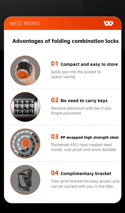 WEST BIKING Foldable Bike Lock Key Password Security Anti-Theft Lock MTB Road Bicycle Scooter Electric Bike Cycling Chain Lock
