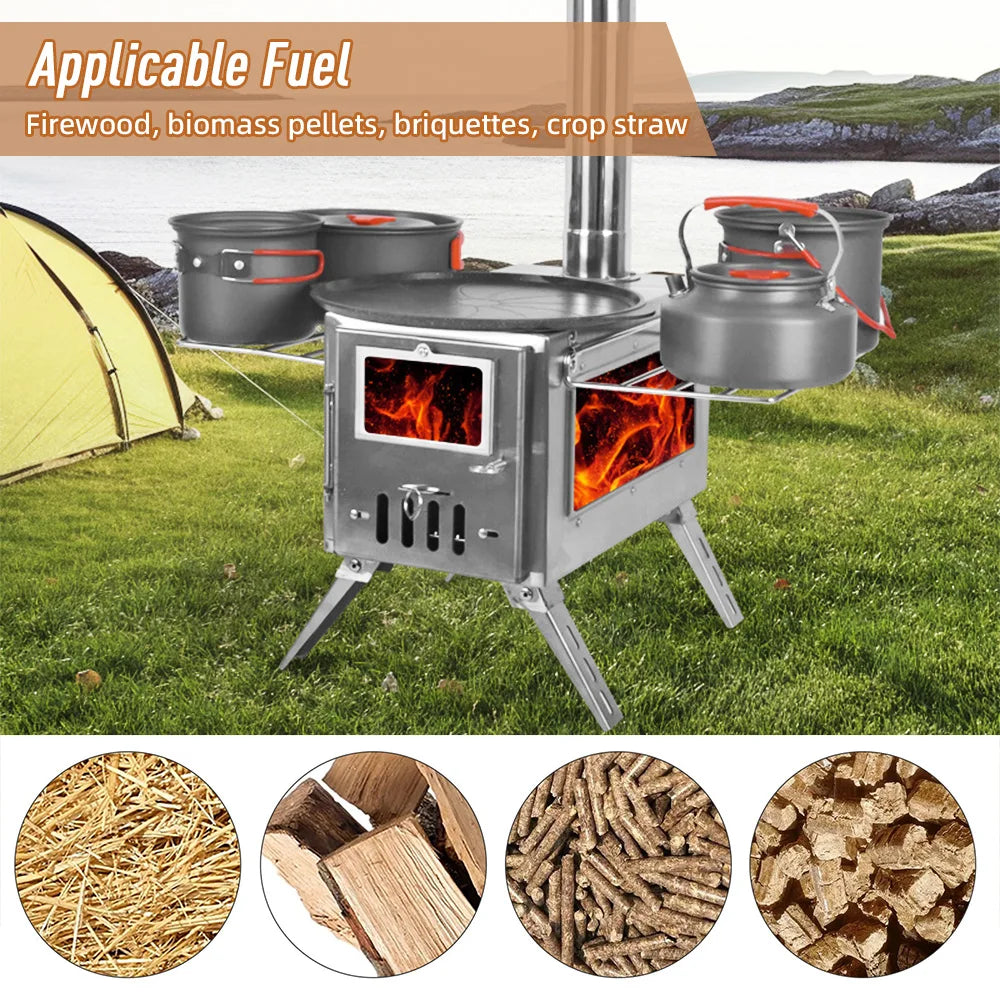 Outdoor Camping Wood-burning Stove for Inside Tents Firewood Burner Foldable Heater with Tent Fire Window Patio Fireplace