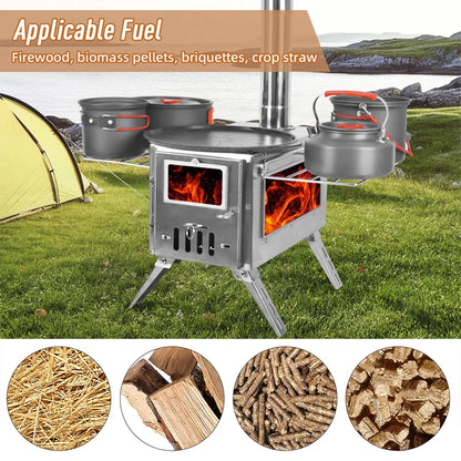 Outdoor Camping Wood-burning Stove for Inside Tents Firewood Burner Foldable Heater with Tent Fire Window Patio Fireplace