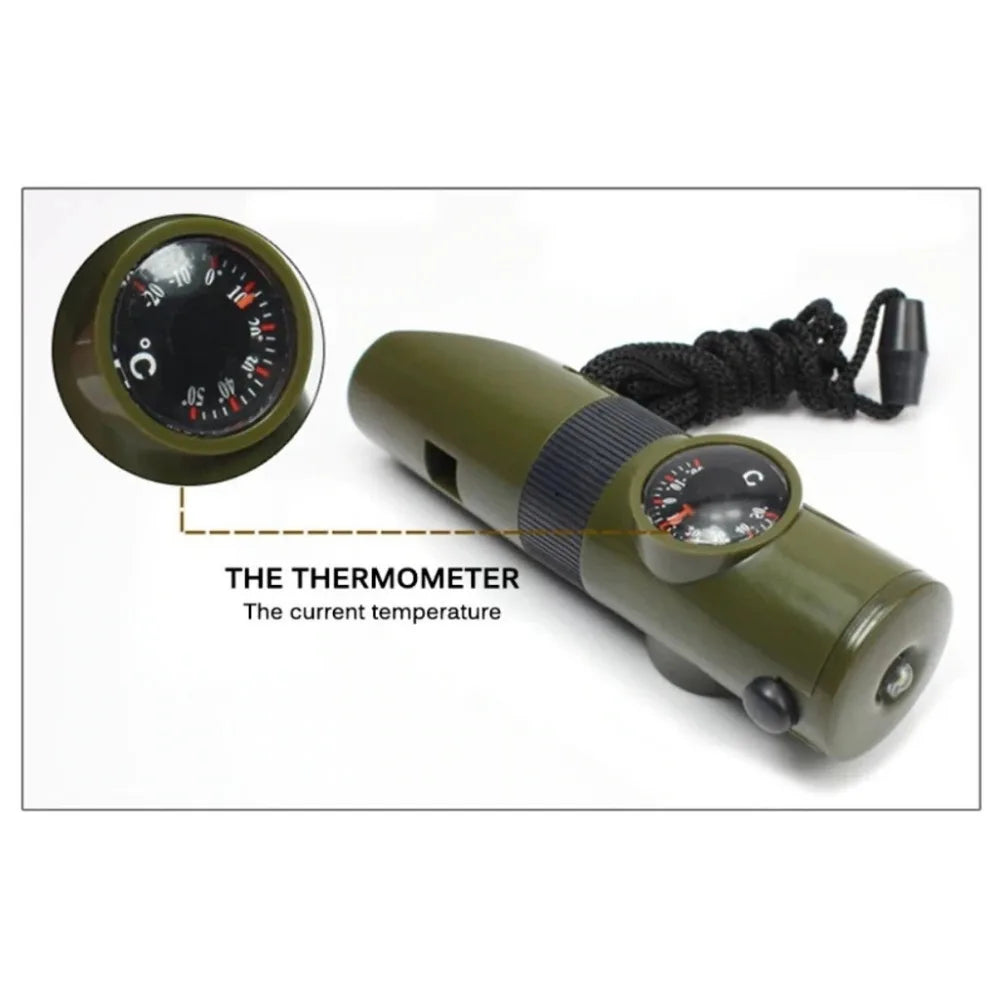 7 in 1 Jungle Survival Whistle Hiking Whistle Compass Mirror Flashlight Magnifier LED Light Thermometer Storage Compass Tool