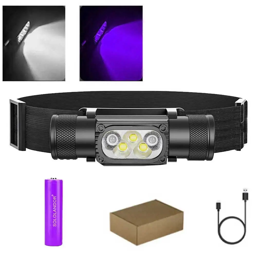 395nm UV LED Mini Headlamp High Power White Purple Light Headlight Type-C 18650 Head Torch Multi-function Flashlight Lamp