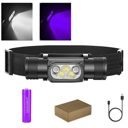 395nm UV LED Mini Headlamp High Power White Purple Light Headlight Type-C 18650 Head Torch Multi-function Flashlight Lamp