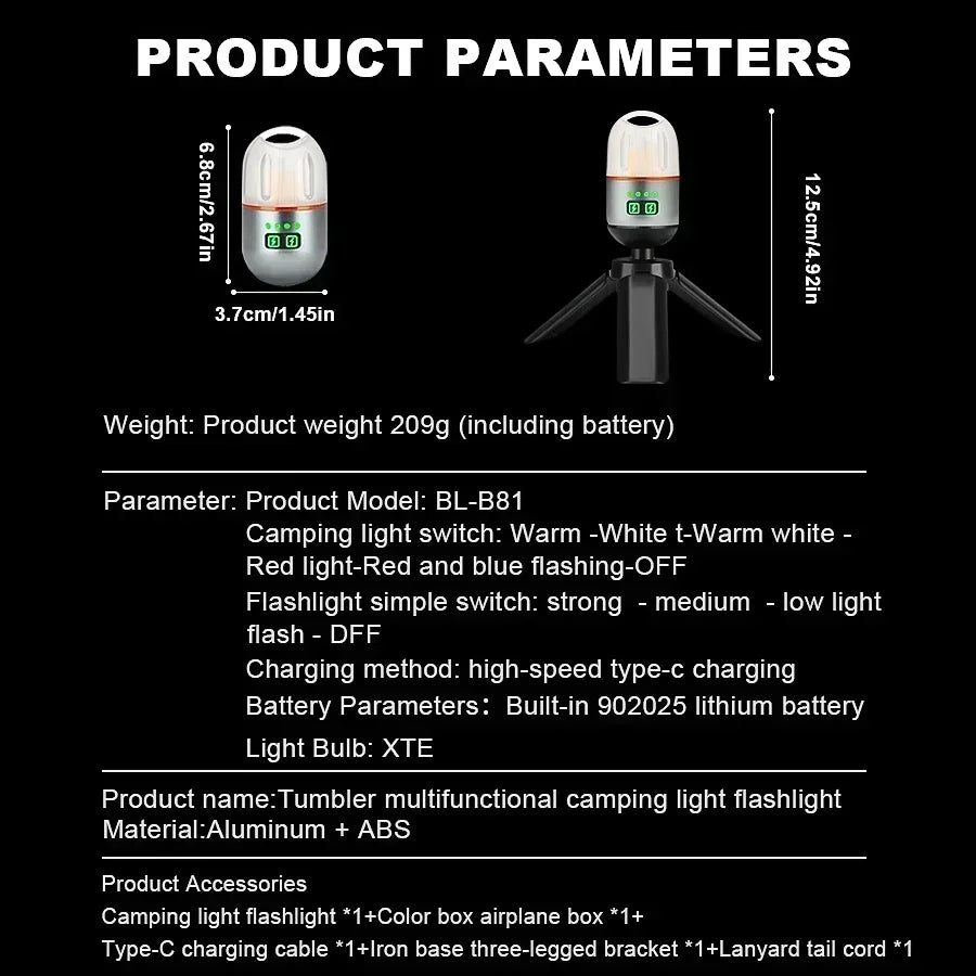 Powerful Mini LED Camping Light with Power Display Magnetic Hook Built-in Battery Lantern USB Rechargeable Tent Hanging Lamp