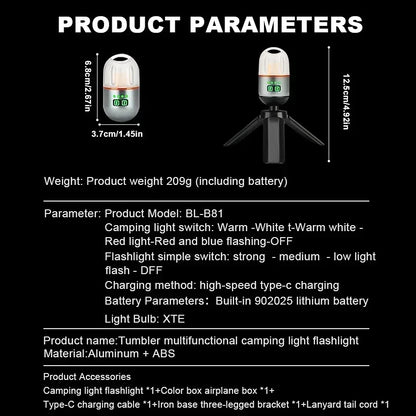 Powerful Mini LED Camping Light with Power Display Magnetic Hook Built-in Battery Lantern USB Rechargeable Tent Hanging Lamp