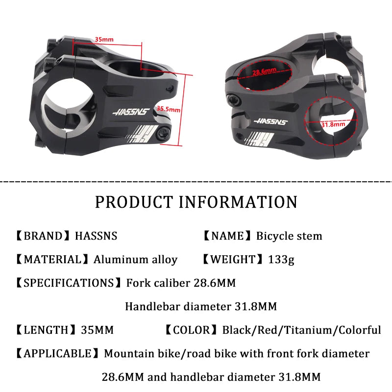 HASSN CNC Stem Mtb Handlebar Stem 35mm Bicycle Short Power Road Bike 31.8 Table Bmx Bridge Pipe Cycling Power Adjustable Rod