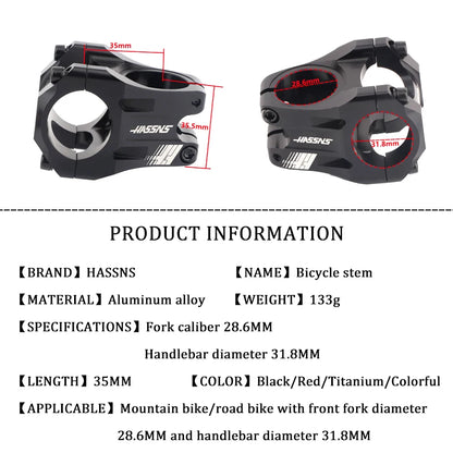 HASSN CNC Stem Mtb Handlebar Stem 35mm Bicycle Short Power Road Bike 31.8 Table Bmx Bridge Pipe Cycling Power Adjustable Rod