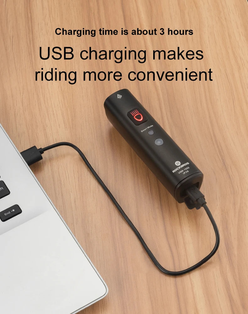 ROCKBROS 1000LM Bike Light Smart Vibration Light Sensing Bicycle Front Light IPX6 Type-C MTB Road Headlebar Cycling Headlights