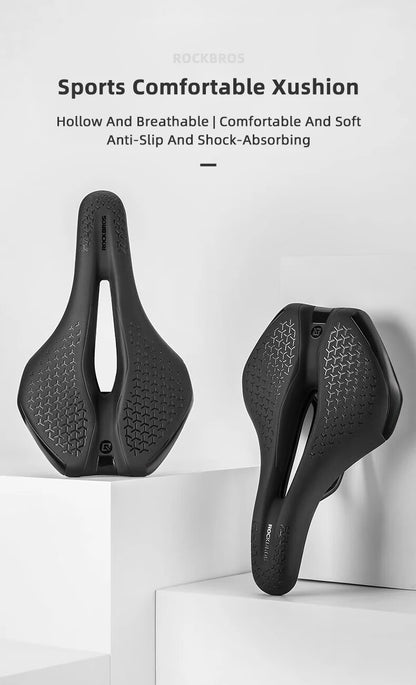 ROCKBROS Bicycle Saddle Hollow Breathable Shockproof Cycling Seat PU Non-Slip Leather Cushion Lightweight MTB Road Bike Saddle