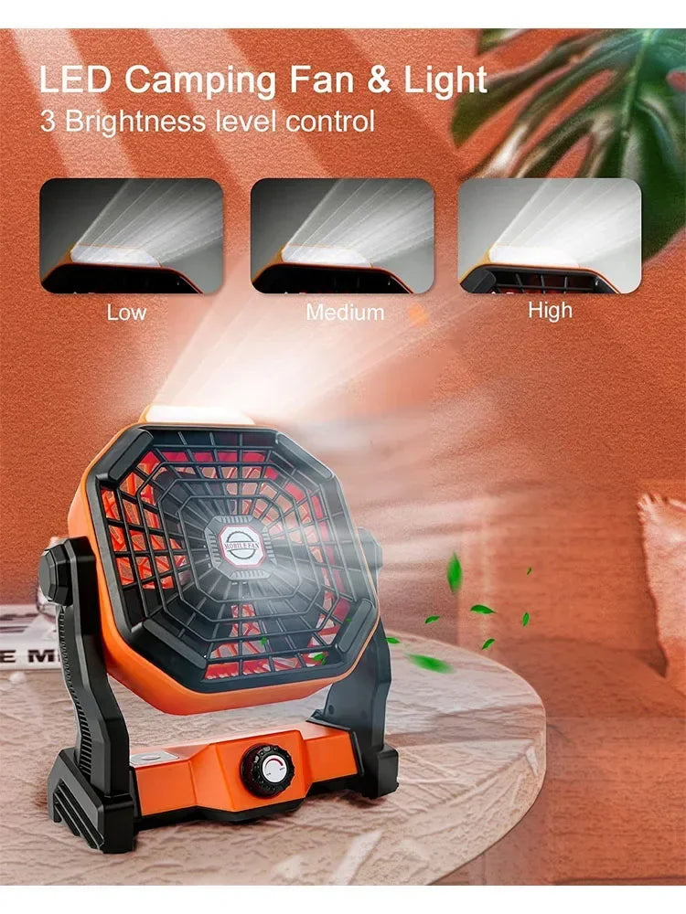 2024 New Portable Electric Fan With Led Light Tent Car Camping Hook&USB&Solar Charging For Hiking Fishing Picnic Emergency
